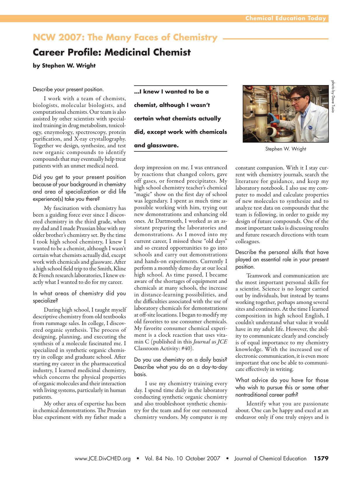 Career Profile: Medicinal Chemist by Stephen W. Wright