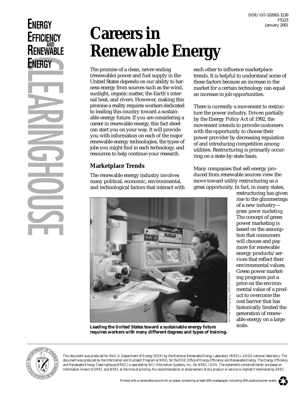 Careers in renewable energy : get a green energy job by Gregory McNamee