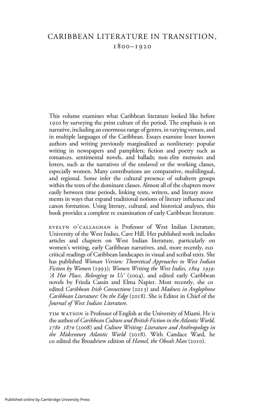 Caribbean Literature in Transition, 1800â1920 by Evelyn O'Callaghan Tim Watson