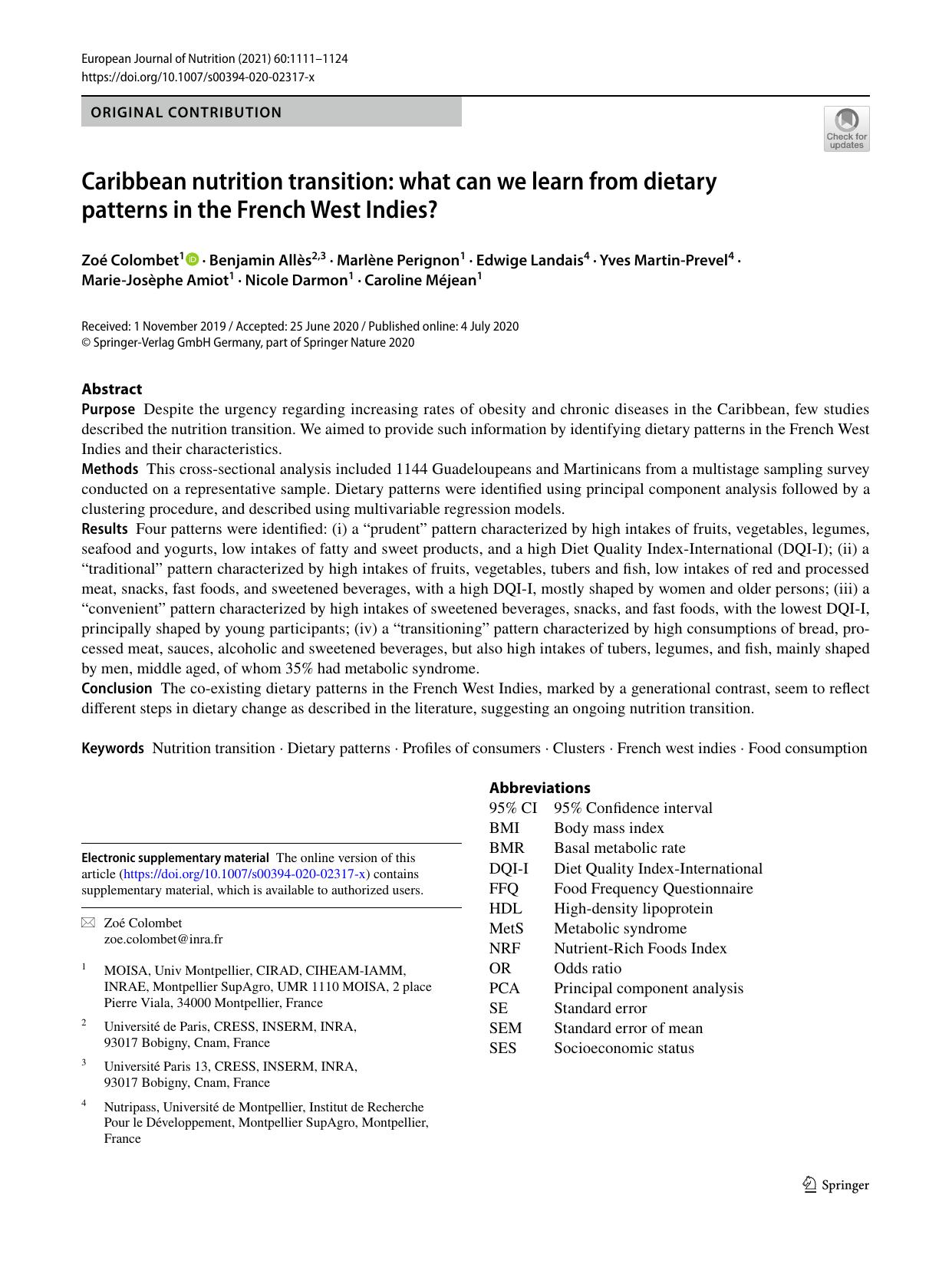 Caribbean nutrition transition: what can we learn from dietary patterns in the French West Indies? by unknow