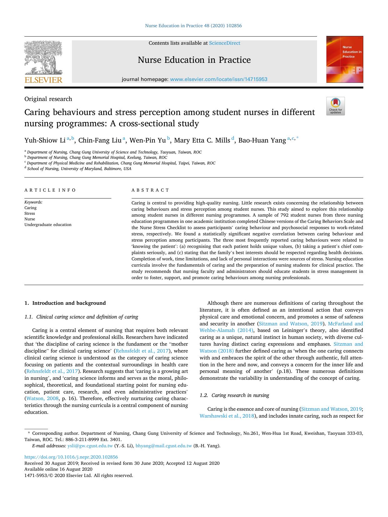 Caring behaviours and stress perception among student nurses in different nursing programmes: A cross-sectional study by Yuh-Shiow Li