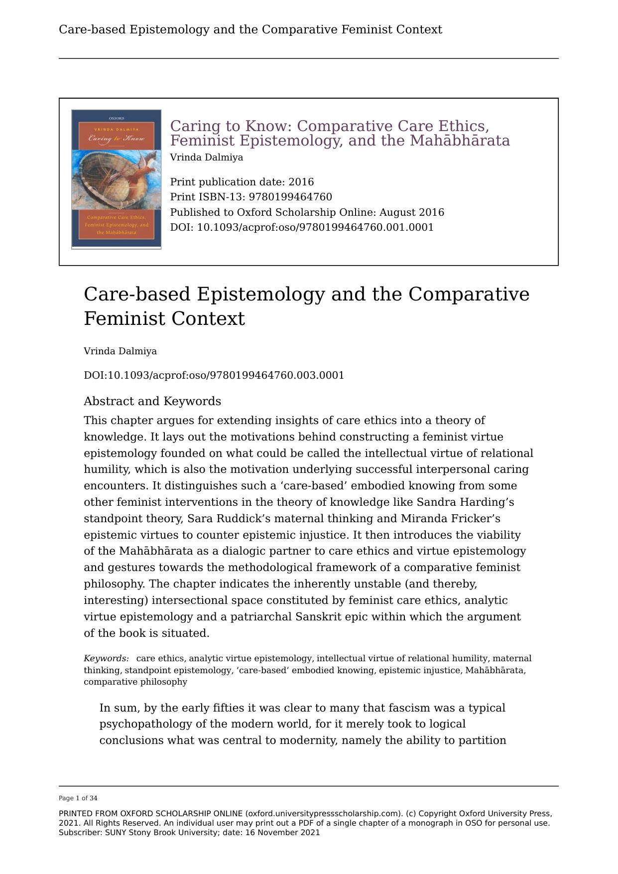 Caring to Know: Comparative Care Ethics, Feminist Epistemology, and the Mahabharata by Vrinda Dalmiya