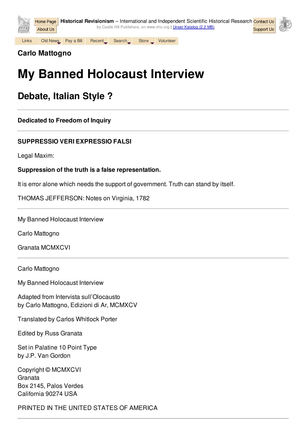 Carlo Mattogno: My banned Holocaust Interview - Debate, Italian Style? by Unknown