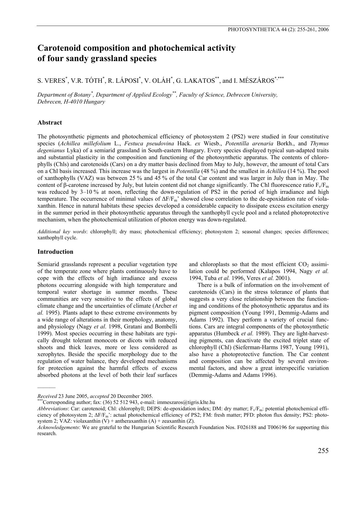 Carotenoid composition and photochemical activity of four sandy grassland species by Unknown