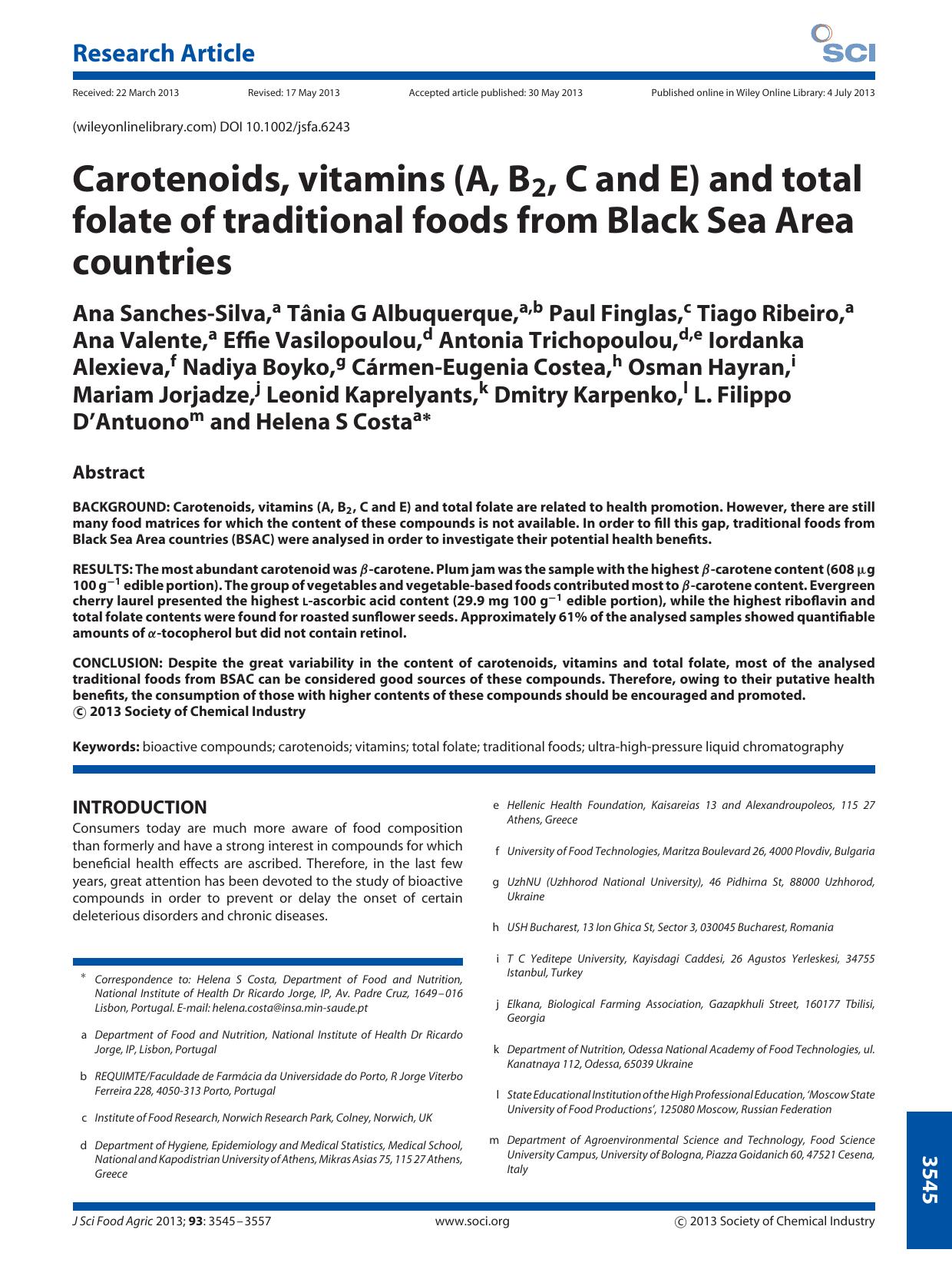 Carotenoids, vitamins (A, B2, C and E) and total folate of traditional foods from Black Sea Area countries by Unknown