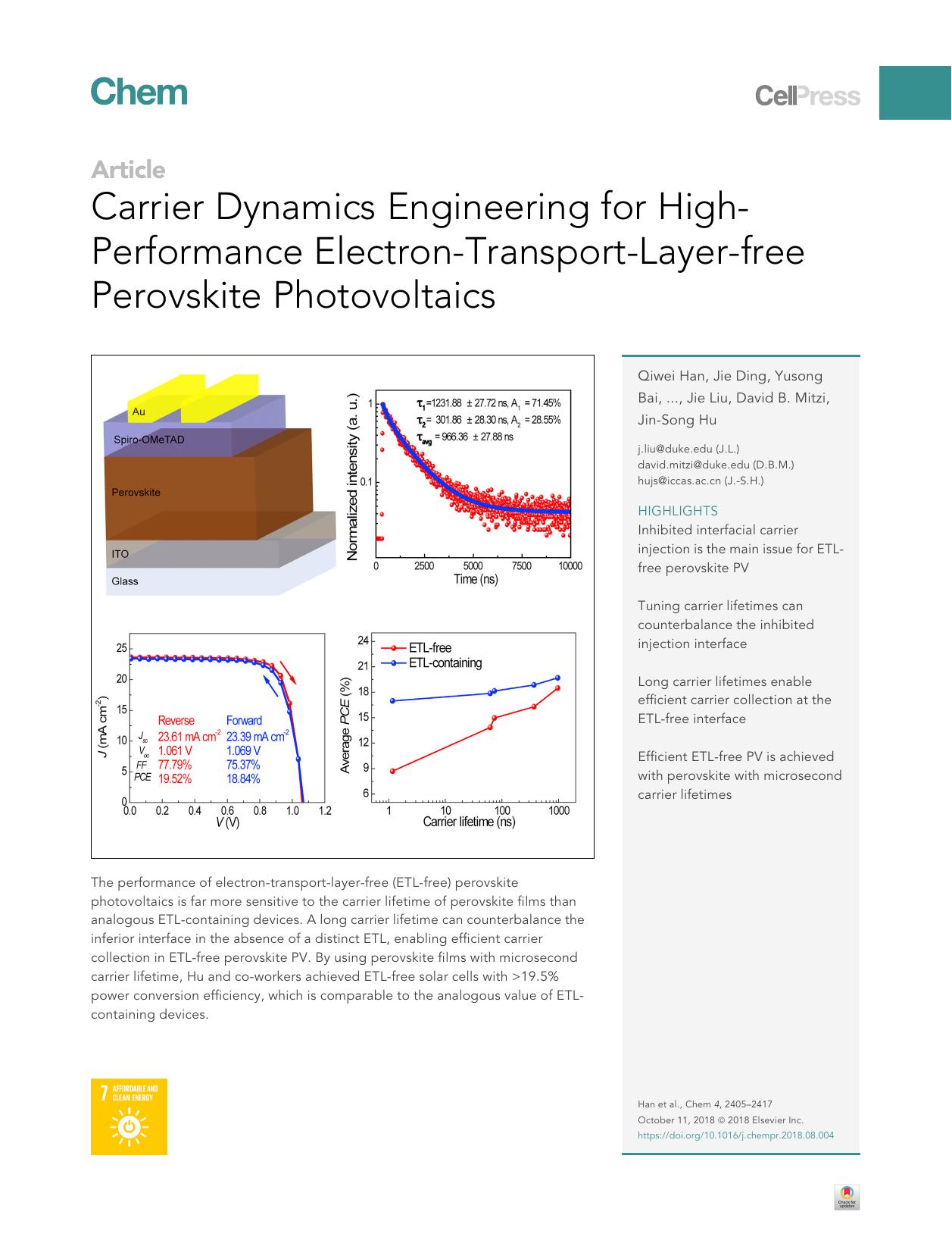Carrier Dynamics Engineering for High-Performance Electron-Transport-Layer-free Perovskite Photovoltaics by Qiwei Han