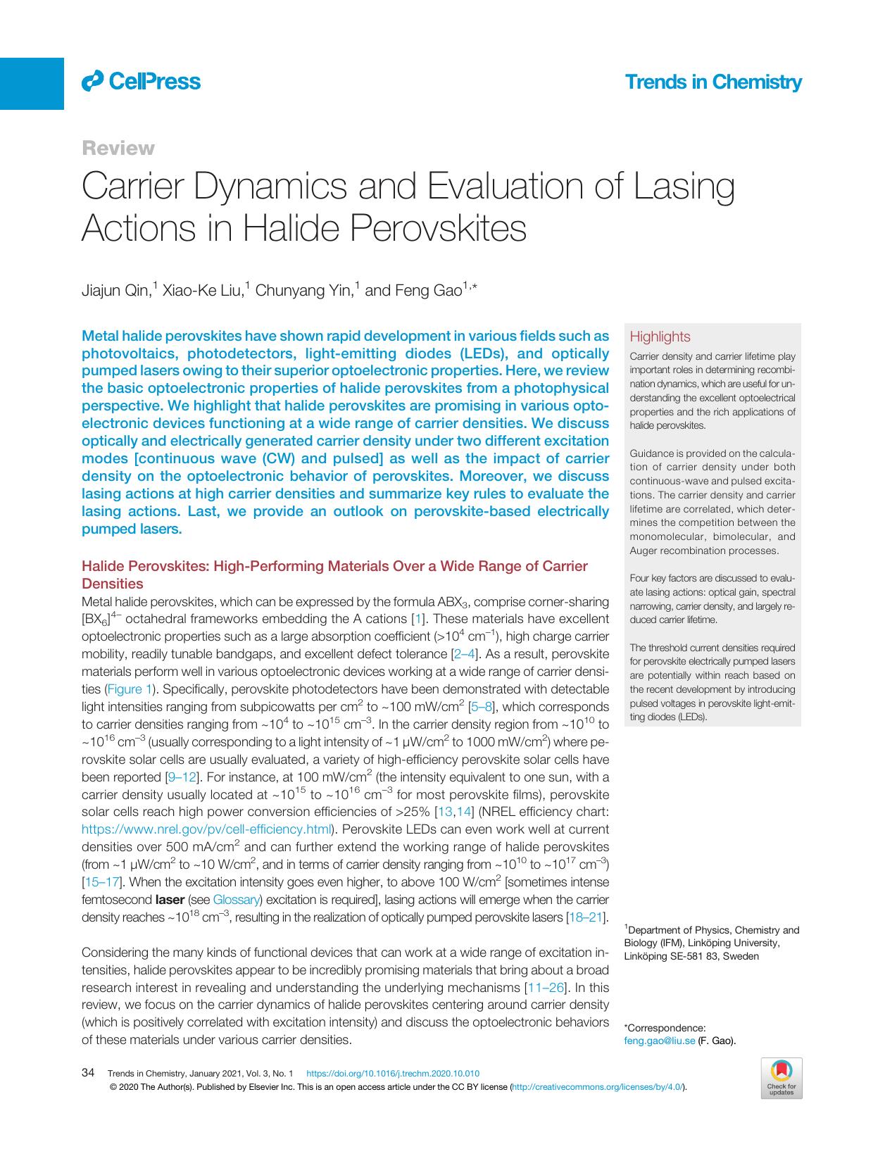 Carrier Dynamics and Evaluation of Lasing Actions in Halide Perovskites by Jiajun Qin & Xiao-Ke Liu & Chunyang Yin & Feng Gao