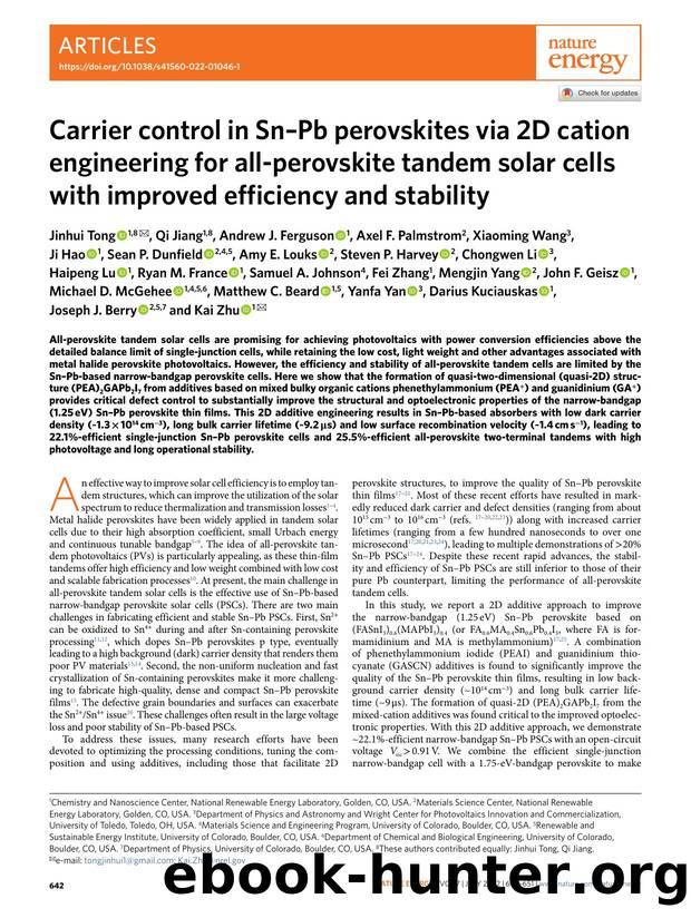 Carrier control in SnâPb perovskites via 2D cation engineering for all-perovskite tandem solar cells with improved efficiency and stability by unknow