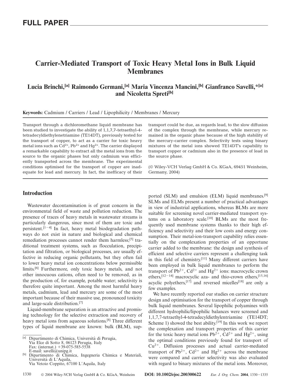 Carrier-Mediated Transport of Toxic Heavy Metal Ions in Bulk Liquid Membranes by Unknown