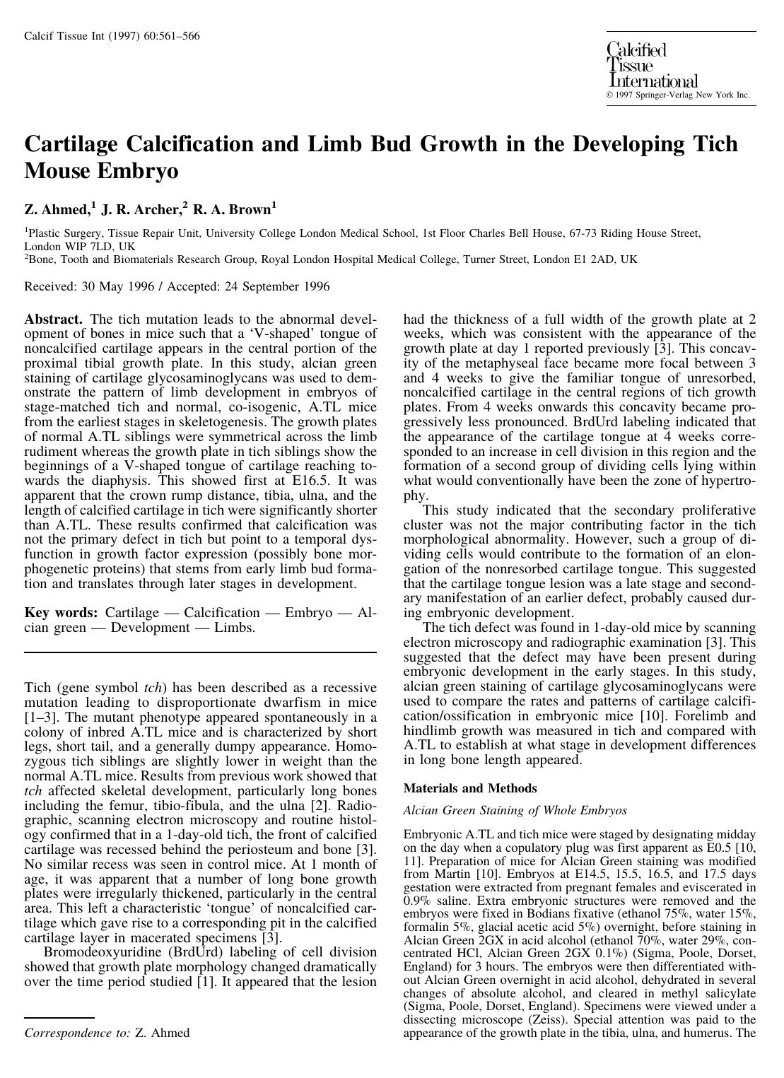 Cartilage Calcification and Limb Bud Growth in the Developing Tich Mouse Embryo by Ahmed Z. et al