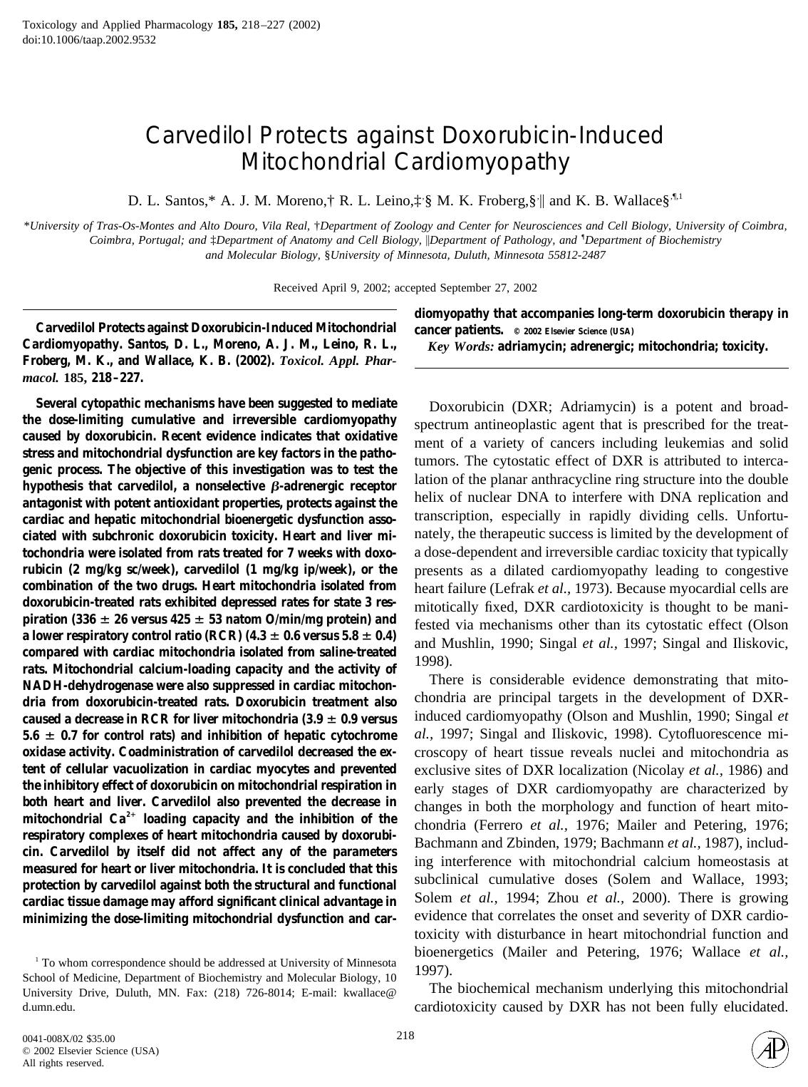 Carvedilol Protects against Doxorubicin-Induced Mitochondrial Cardiomyopathy by Santos D. L. et al
