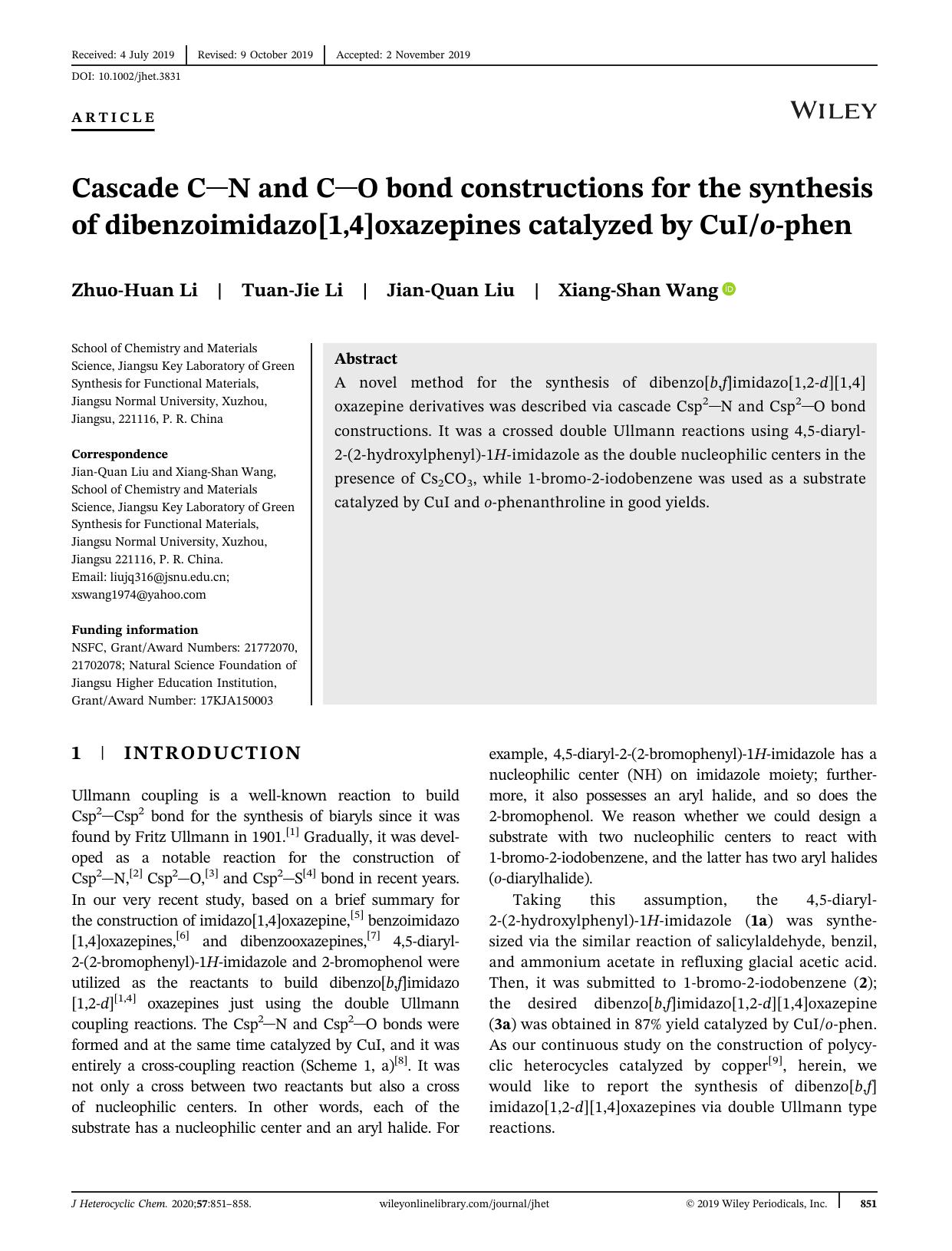 Cascade Cï£¿N and Cï£¿O bond constructions for the synthesis of dibenzoimidazo[1,4]oxazepines catalyzed by CuIoâphen by Zhuo‐Huan Li Tuan‐Jie Li Jian‐Quan Liu Xiang‐Shan Wang
