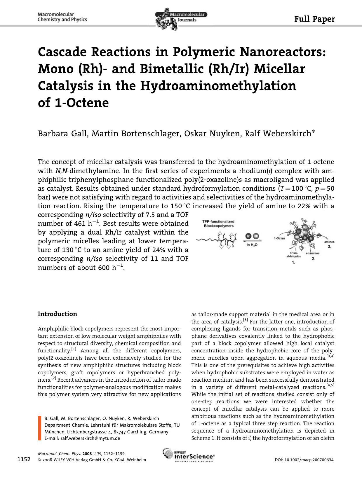 Cascade Reactions in Polymeric Nanoreactors: Mono (Rh)- and Bimetallic (RhIr) Micellar Catalysis in the Hydroaminomethylation of 1-Octene by Unknown