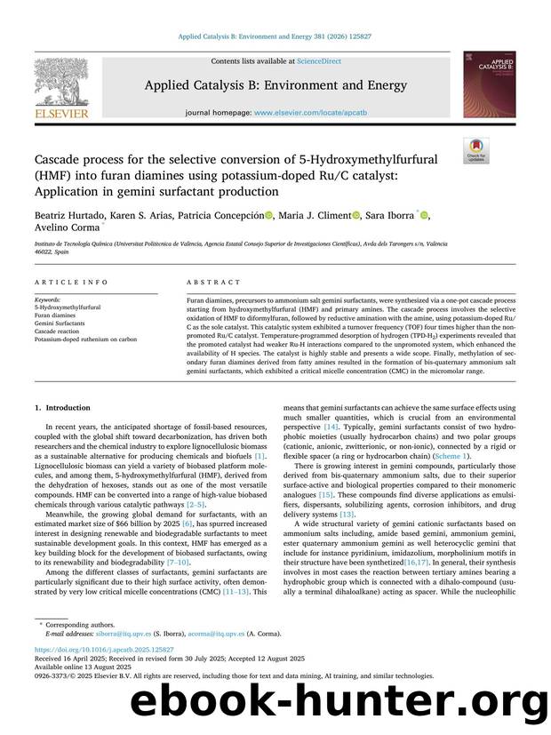 Cascade process for the selective conversion of 5-Hydroxymethylfurfural (HMF) into furan diamines using potassium-doped RuC catalyst: Application in gemini surfactant production by unknow