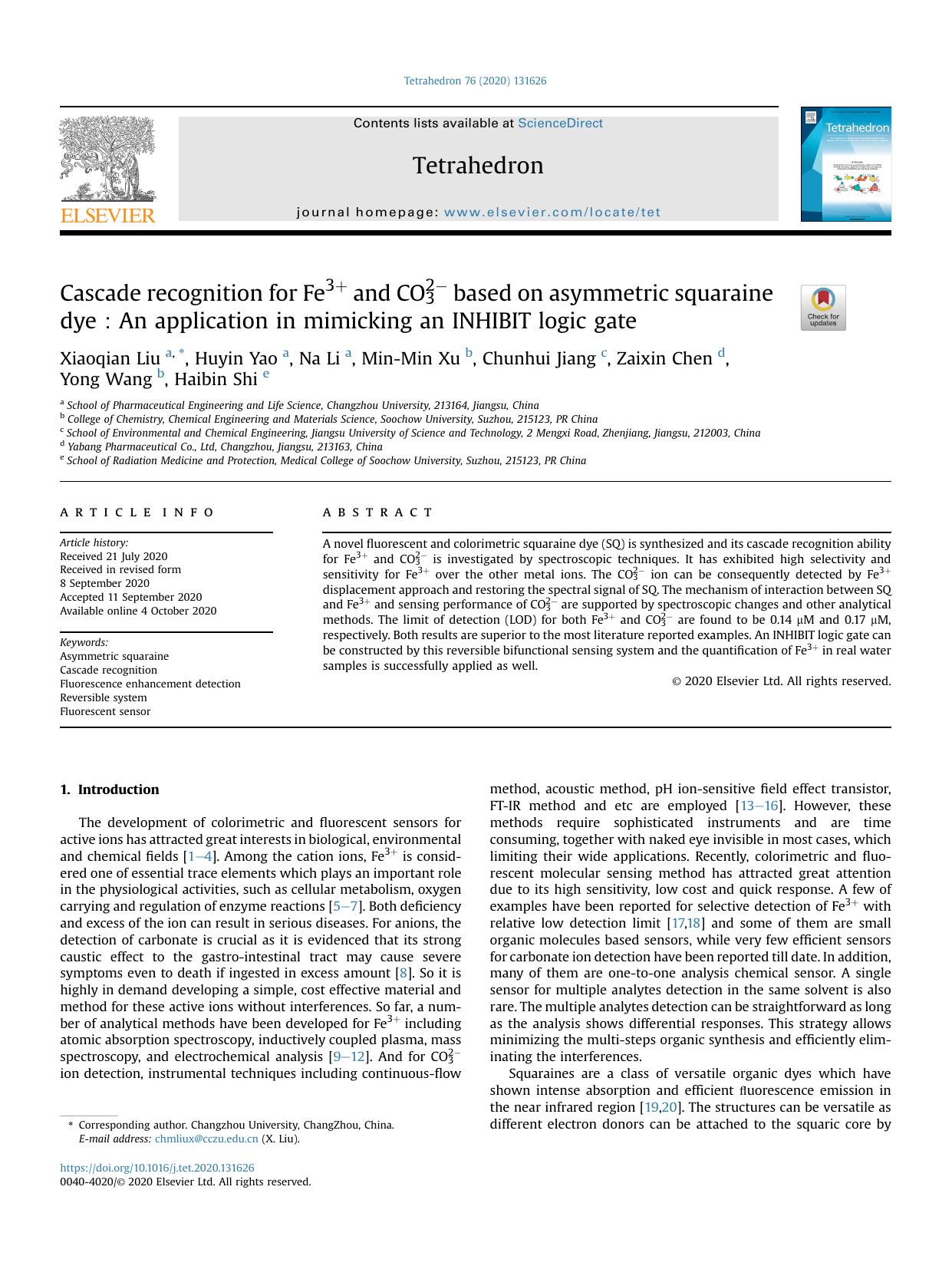 Cascade recognition for Fe3+ and CO32- based on asymmetric squaraine dye&#xFF1A;An application in mimicking an INHIBIT logic gate by Xiaoqian Liu & Huyin Yao & Na Li & Min-Min Xu & Chunhui Jiang & Zaixin Chen & Yong Wang & Haibin Shi