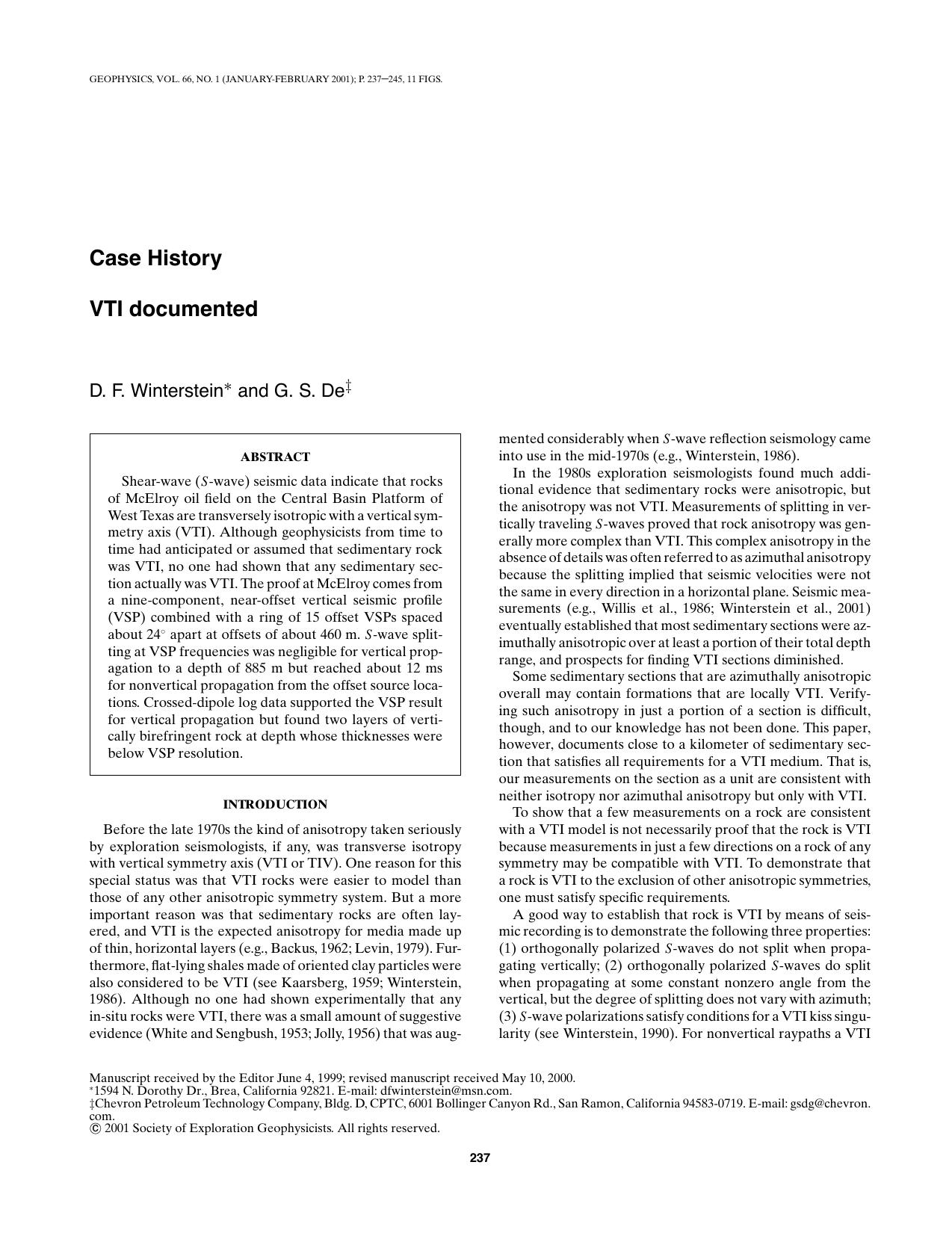 Case History VTI documented by D. F. Winterstein G.S. De