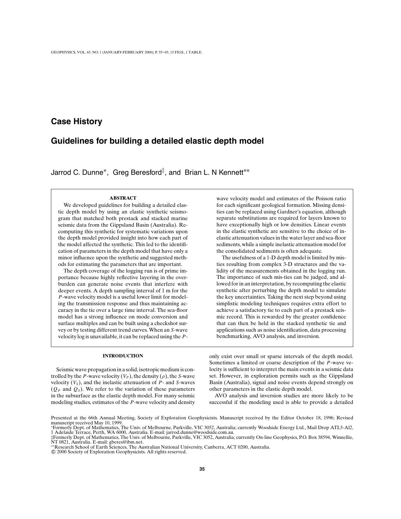 Case History--Guidelines for building a detailed elastic depth model by Jarrod C. Dunne Greg Beresford & Brian L. N Kennett
