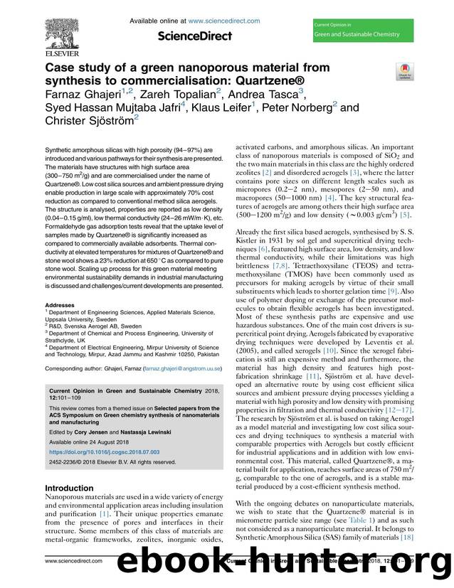 Case study of a green nanoporous material from synthesis to commercialisation: Quartzene&reg; by unknow