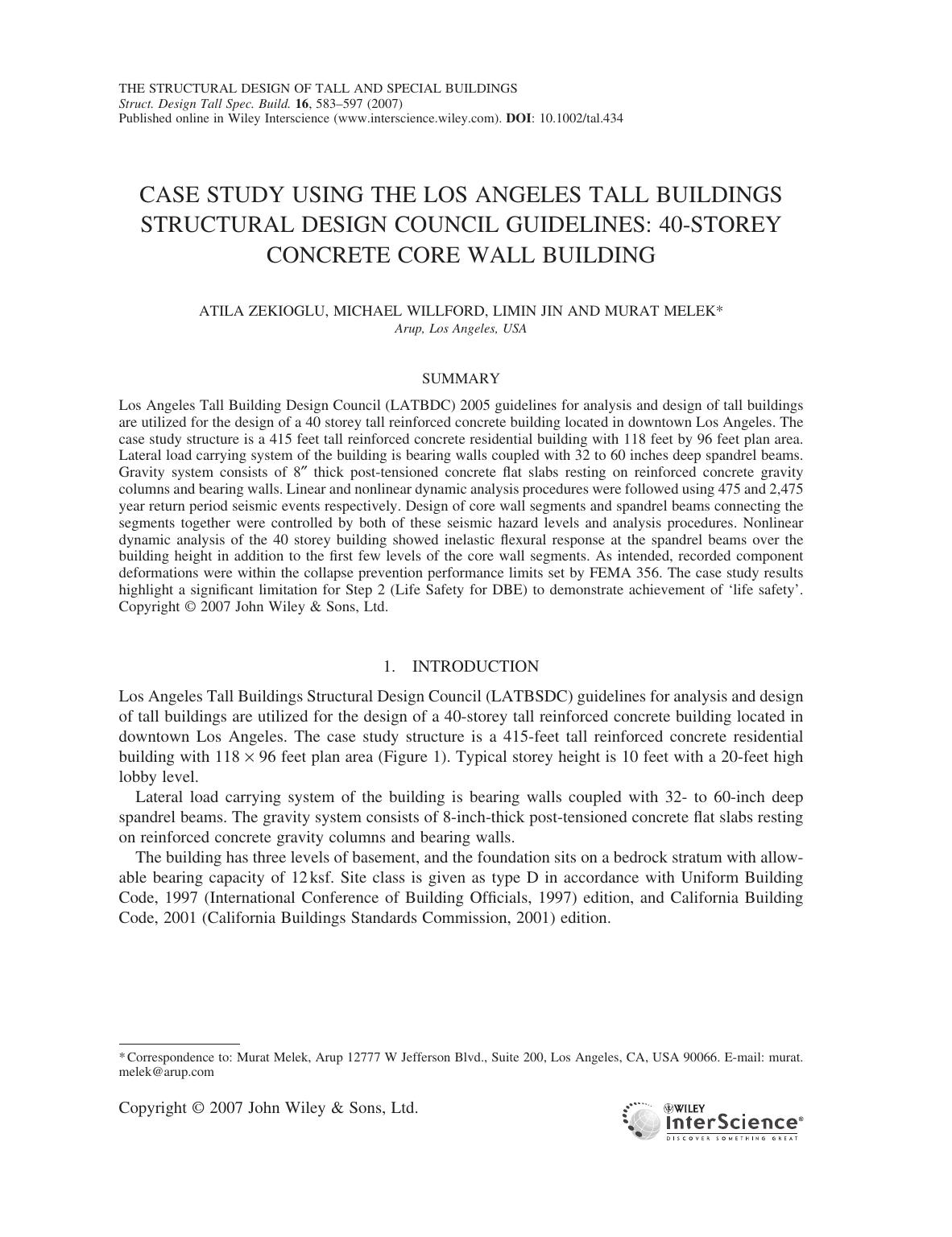 Case study using the Los Angeles tall buildings structural design council guidelines: 40-storey concrete core wall building by owner