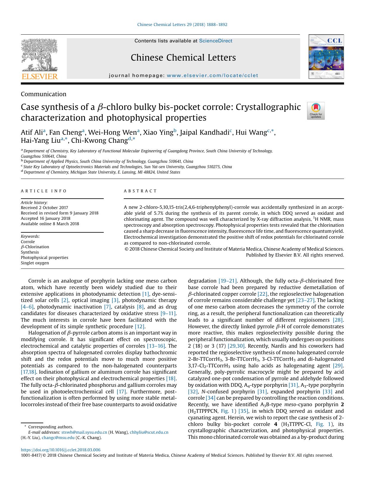 Case synthesis of a Î²-chloro bulky bis-pocket corrole: Crystallographic characterization and photophysical properties by unknow