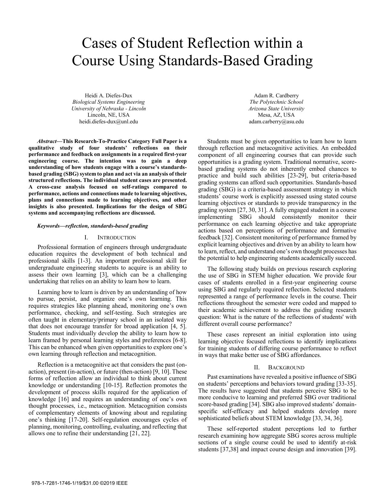 Cases of Student Reflection within a Course Using Standards-Based Grading by Heidi A. Diefes-Dux & Adam R. Cardberry