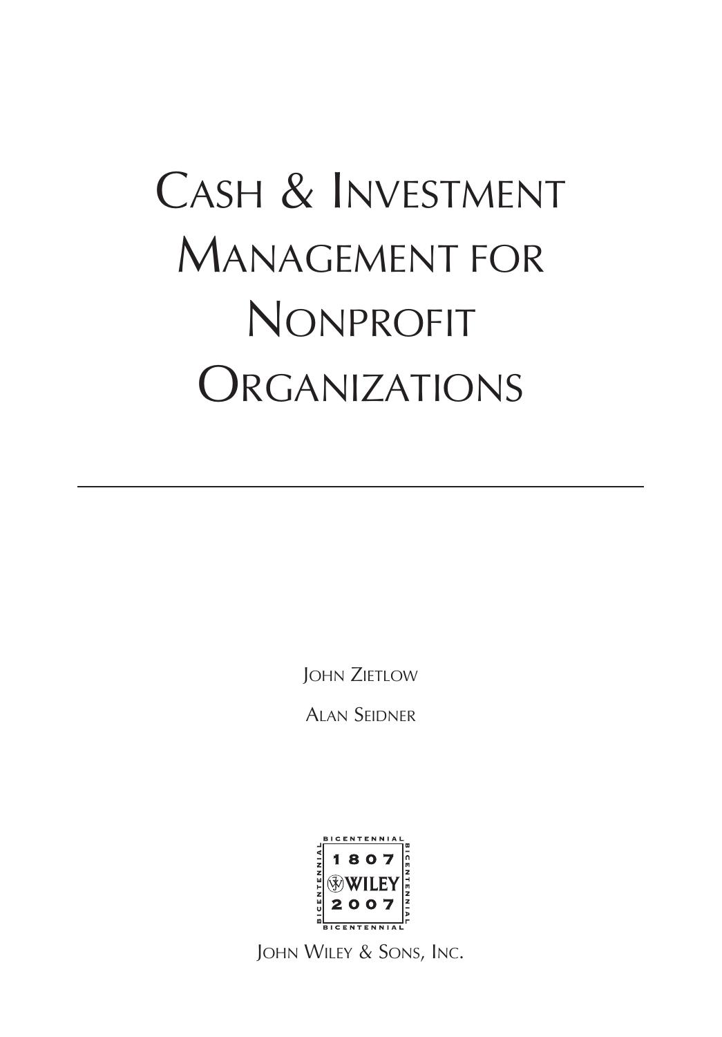 Cash & investment management for nonprofit organizations by John T Zietlow; Alan G Seidner