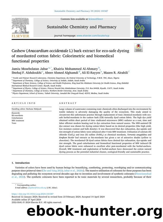 Cashew ( Anacardium occidentale L) bark extract for eco-safe dyeing of mordanted cotton fabric: Colorimetric and biomedical functional properties by unknow