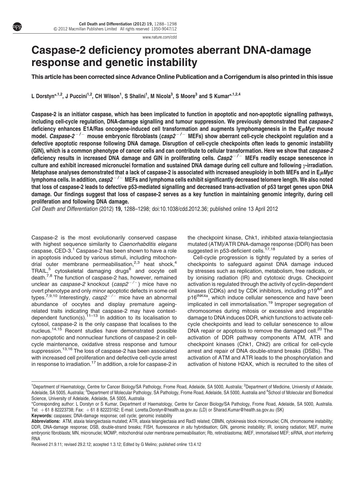 Caspase-2 deficiency promotes aberrant DNA-damage response and genetic instability by L Dorstyn & J Puccini & C H Wilson & S Shalini & M Nicola & S Moore & S Kumar &