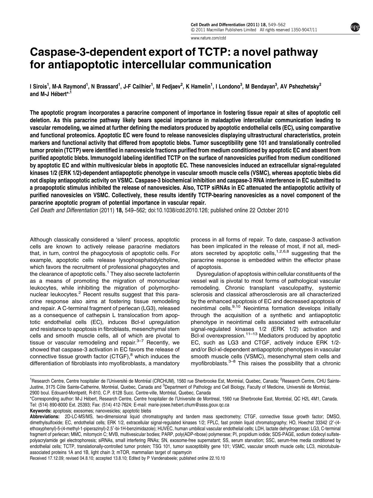 Caspase-3-dependent export of TCTP: a novel pathway for antiapoptotic intercellular communication by unknow