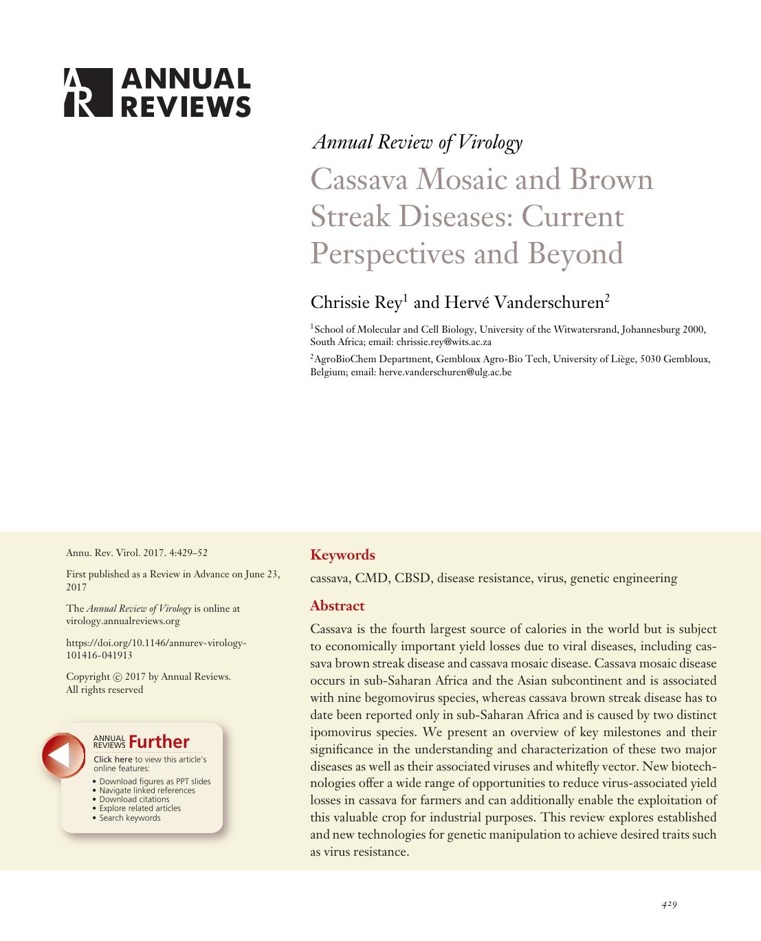 Cassava Mosaic and Brown Streak Diseases: Current Perspectives and Beyond by Chrissie Rey and Hervé Vanderschuren