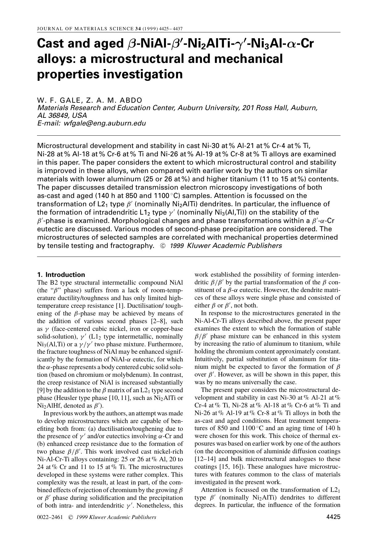 Cast and aged β-NiAl-β′-Ni2AlTi-γ′-Ni3Al-α-Cr alloys: a microstructural and mechanical properties investigation by Unknown