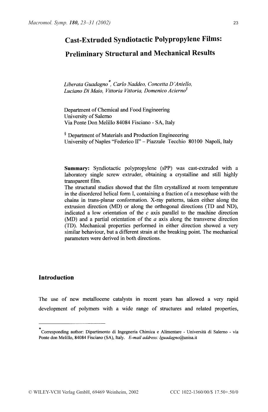 Cast-extruded syndiotactic polypropylene films: preliminary structural and mechanical results by Unknown