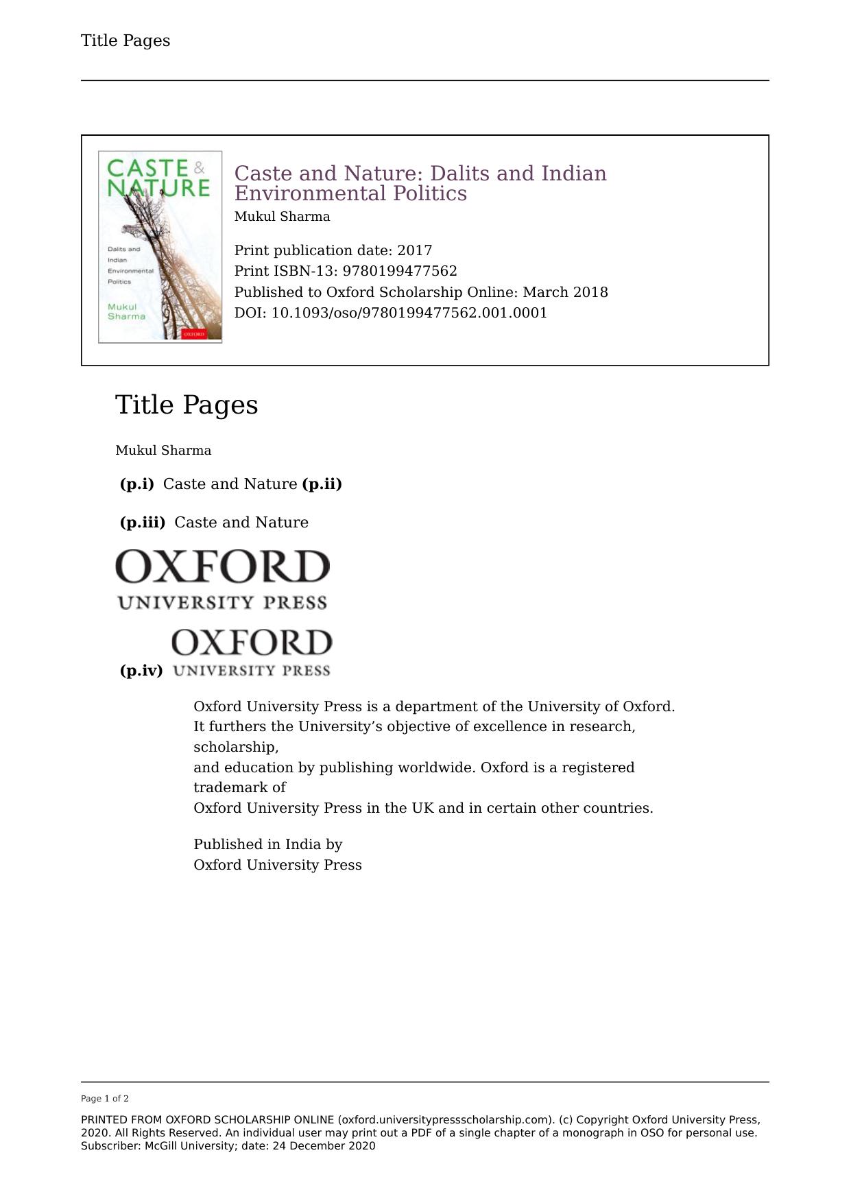 Caste and Nature: Dalits and Indian Environmental Politics by Mukul Sharma