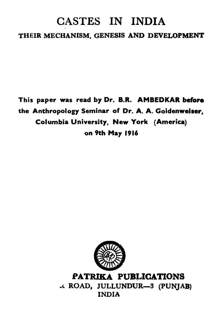 Castes in India: their mechanism, genesis and development by Dr. B. R. Ambedkar