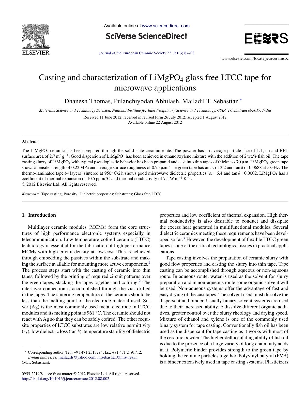 Casting and characterization of LiMgPO4 glass free LTCC tape for microwave applications by Dhanesh Thomas