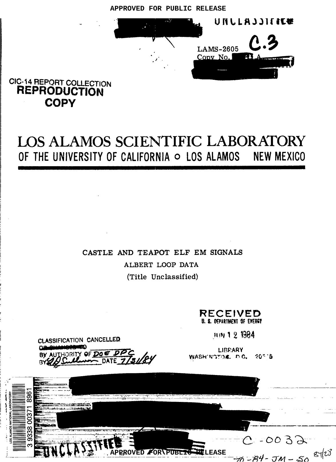 Castle and Teapot Elf EM signals: Albert loop data LAMS-2605 by LANL Research Library LWW Project