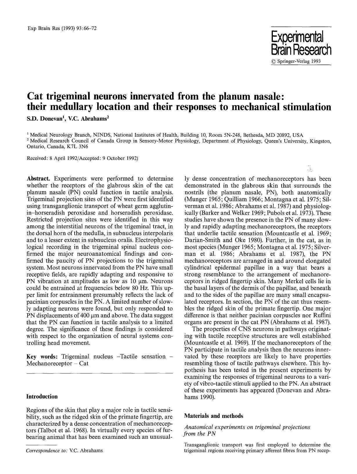Cat trigeminal neurons innervated from the planum nasale: their medullary location and their responses to mechanical stimulation by Unknown