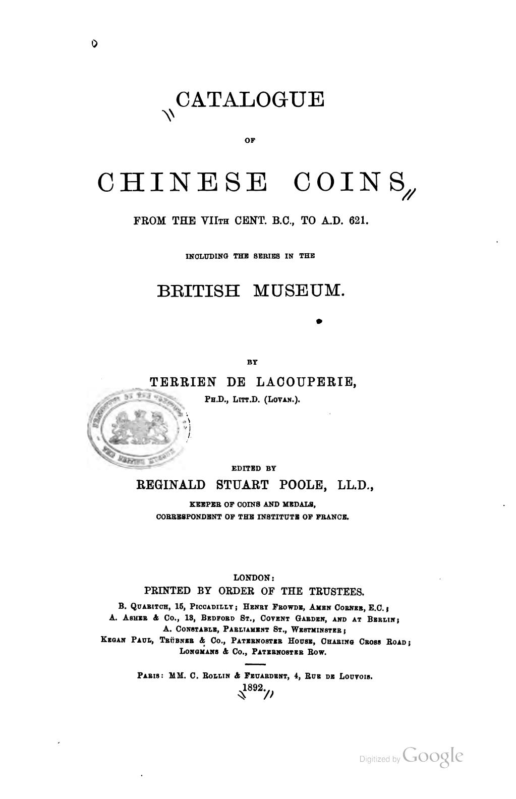 Catalogue of Chinese Coins from the VIIth Cent. B. C., to A. D. 621 by unknow
