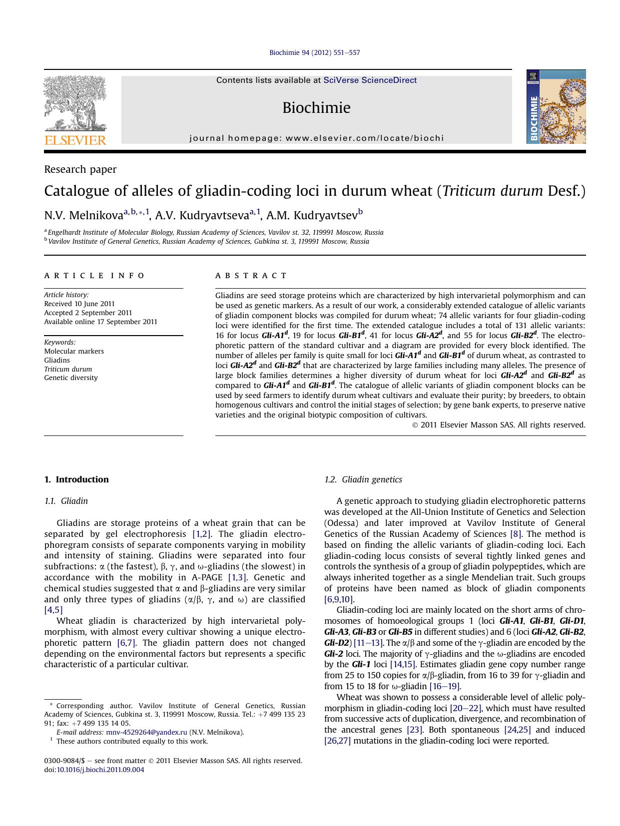 Catalogue of alleles of gliadin-coding loci in durum wheat (Triticum durum Desf.) by N.V. Melnikova & A.V. Kudryavtseva & A.M. Kudryavtsev