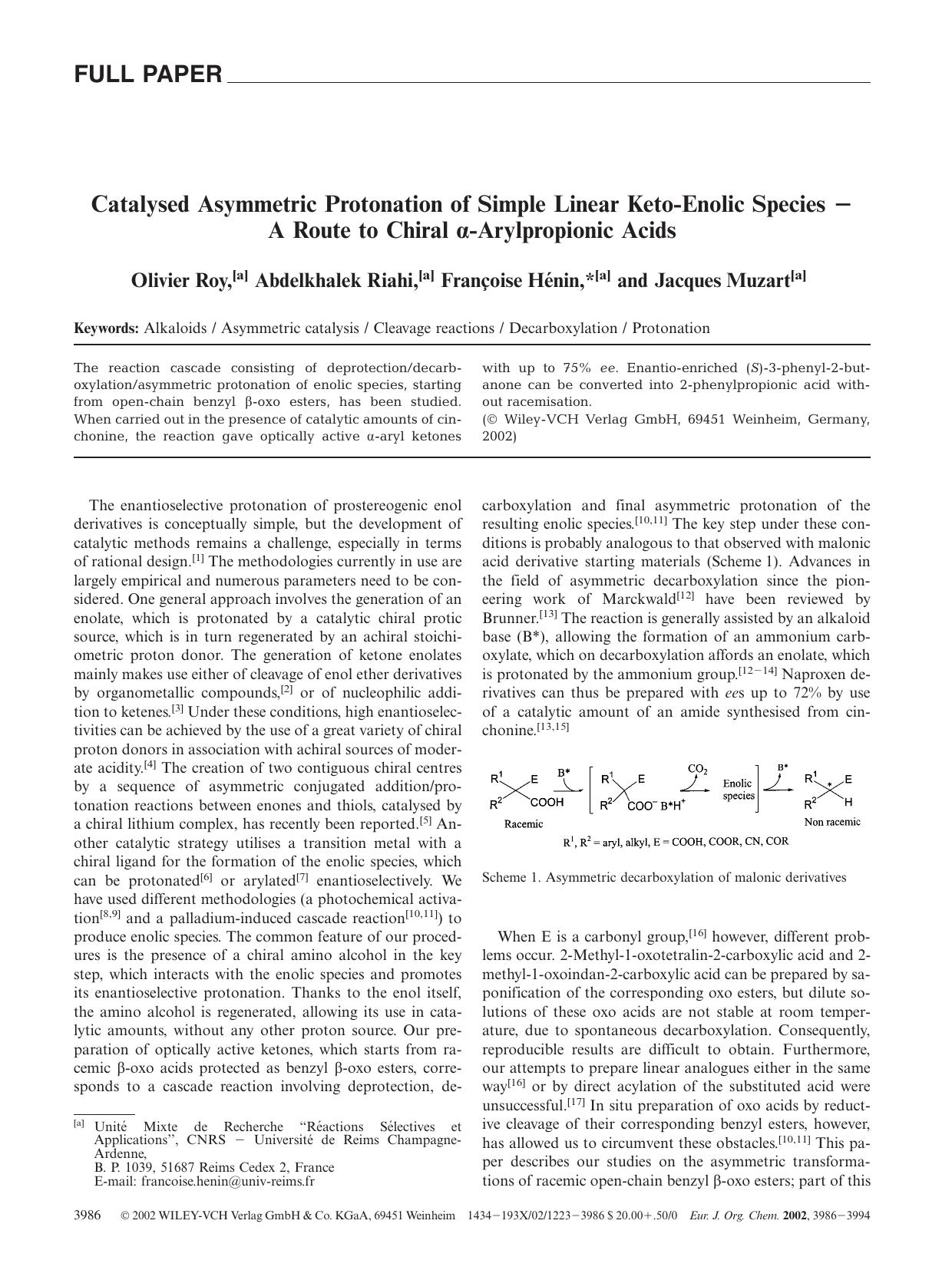 Catalysed Asymmetric Protonation of Simple Linear Keto-Enolic Species - A Route to Chiral [alpha]-Arylpropionic Acids by Unknown