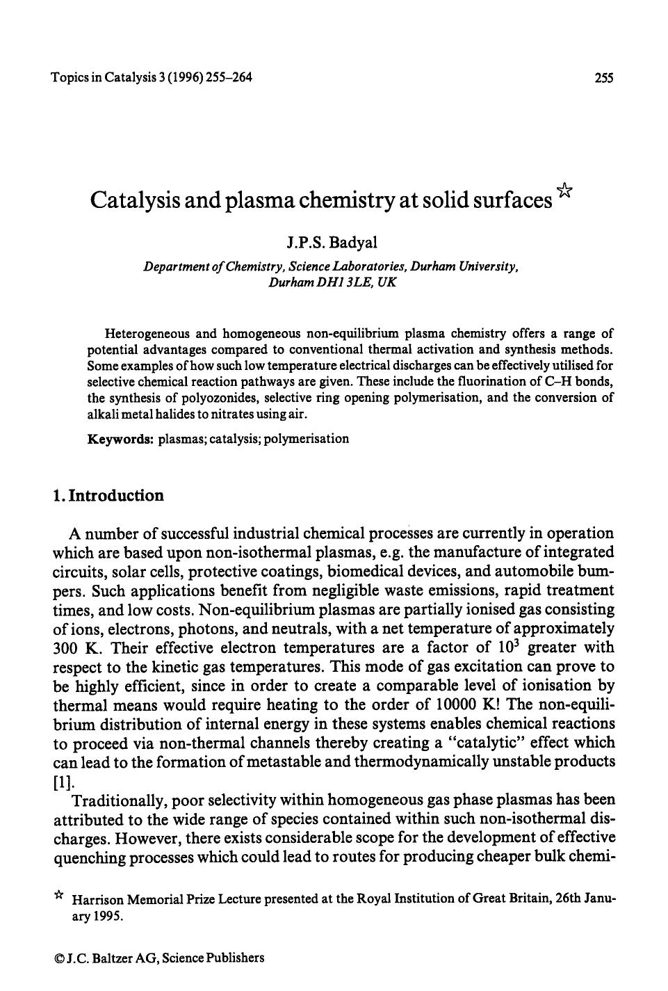 Catalysis and plasma chemistry at solid surfaces by Unknown