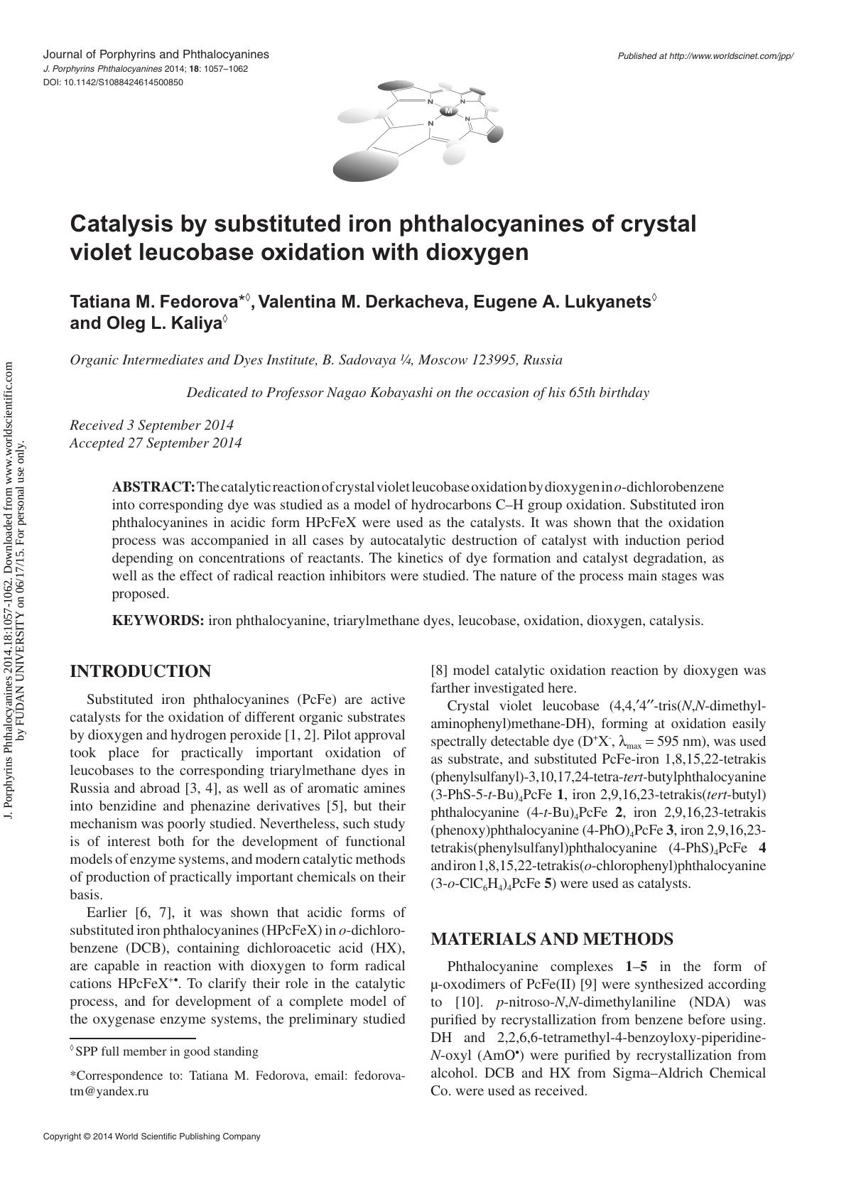 Catalysis by substituted iron phthalocyanines of crystal violet leucobase oxidation with dioxygen by Tatiana M. Fedorova Valentina M. Derkacheva Eugene A. Lukyanets & Oleg L. Kaliya