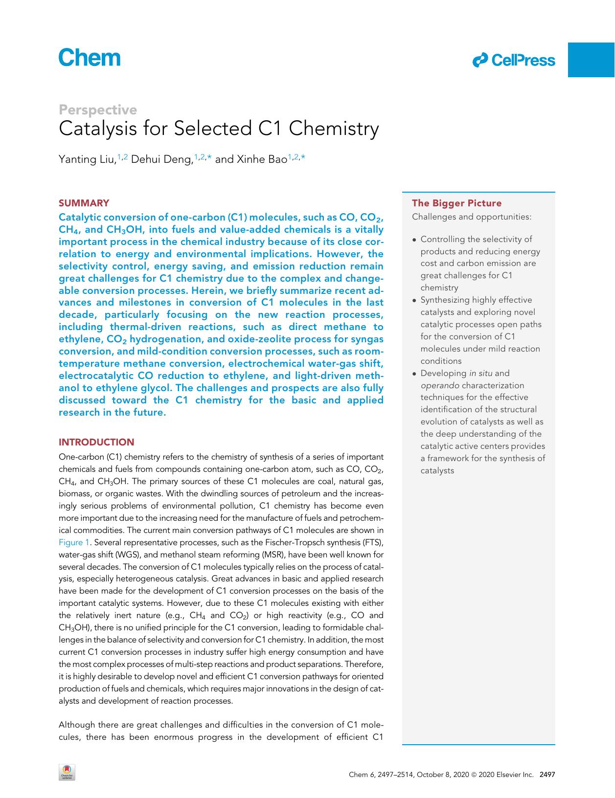 Catalysis for Selected C1 Chemistry by Yanting Liu & Dehui Deng & Xinhe Bao