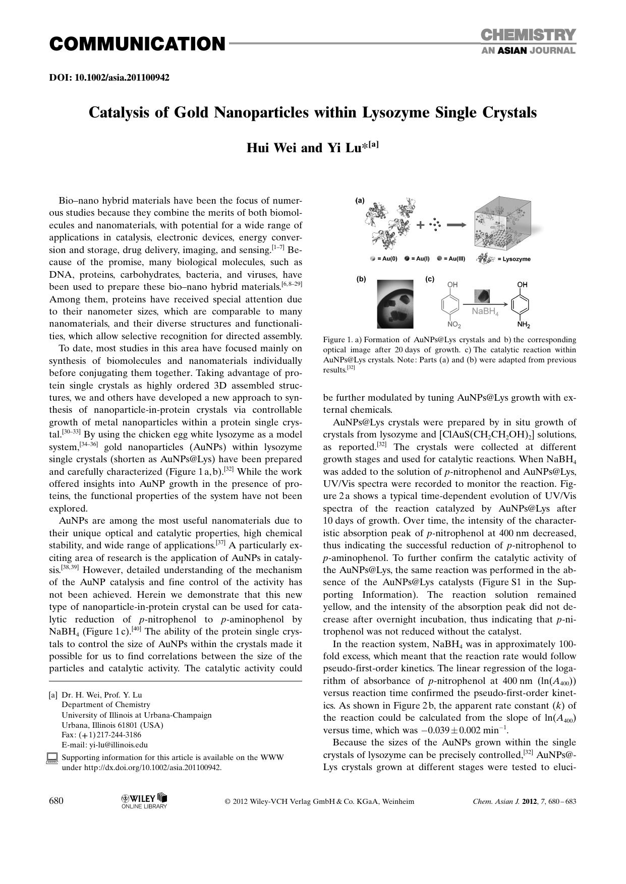 Catalysis of Gold Nanoparticles within Lysozyme Single Crystals by Unknown