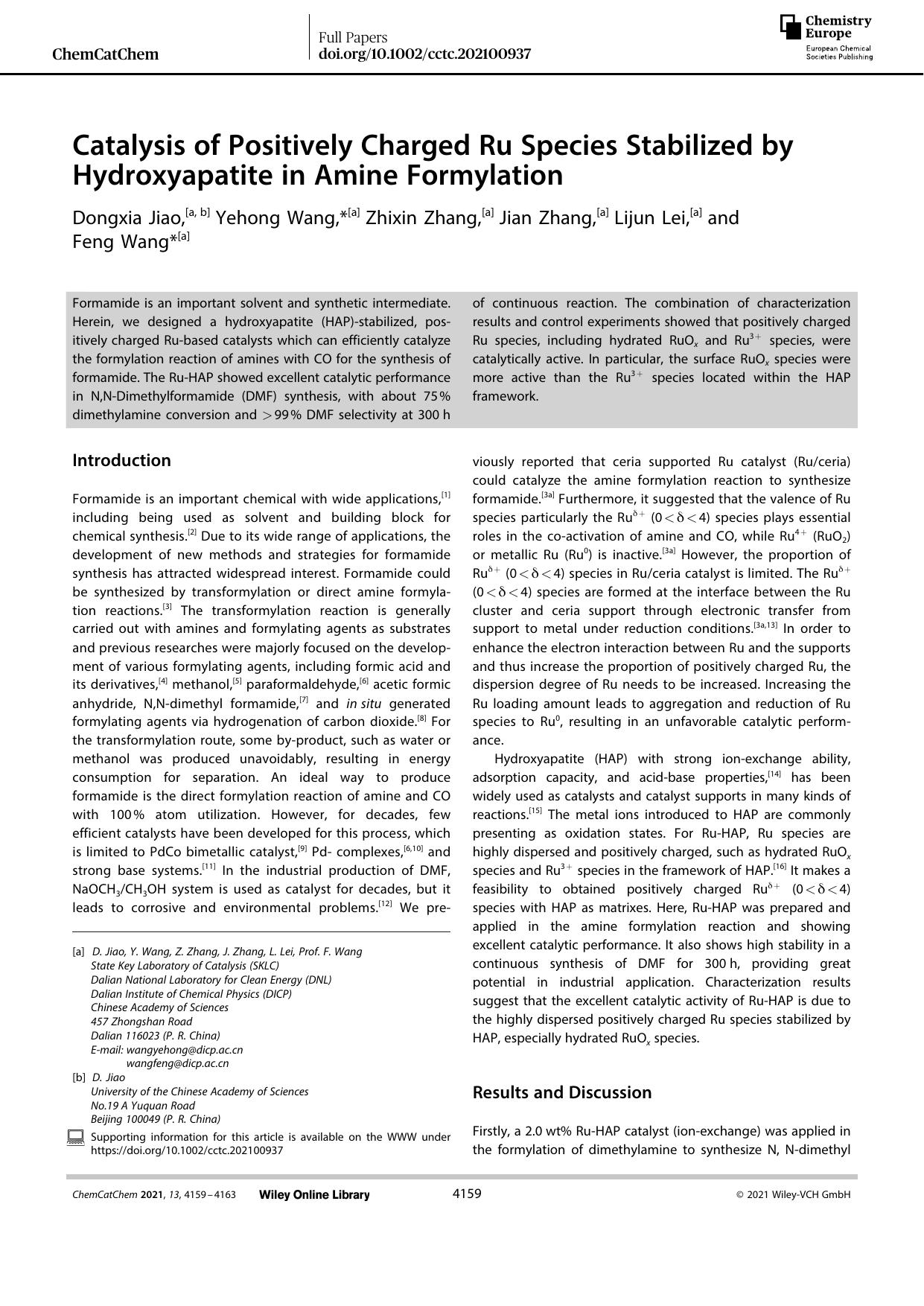 Catalysis of Positively Charged Ru Species Stabilized by Hydroxyapatite in Amine Formylation by Unknown