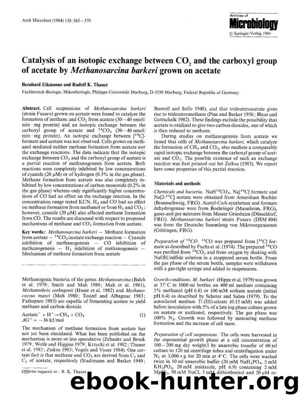 Catalysis of an isotopic exchange between CO<Subscript>2<Subscript> and the carboxyl group of acetate by <Emphasis Type="Italic">Methanosarcina barkeri<Emphasis> grown on acetate by Unknown