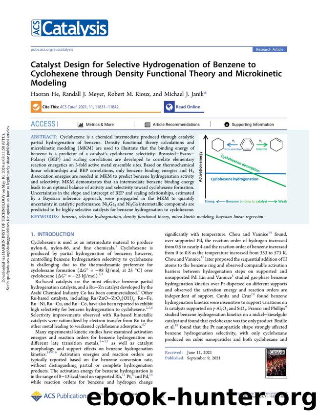 Catalyst Design for Selective Hydrogenation of Benzene to Cyclohexene through Density Functional Theory and Microkinetic Modeling by Haoran He Randall J. Meyer Robert M. Rioux & Michael J. Janik