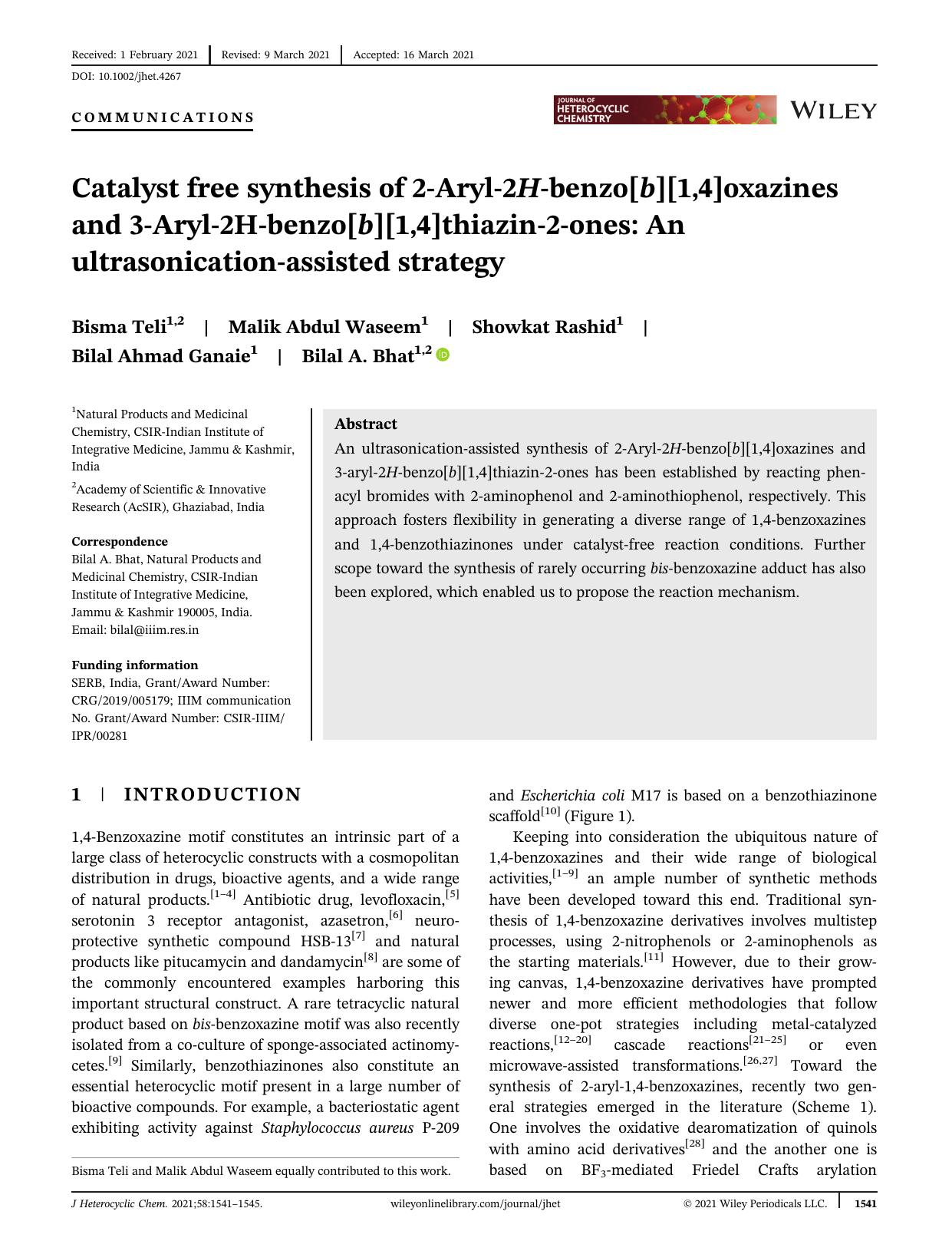Catalyst Free Synthesis of 2-Aryl-2H-benzo[b][1,4]oxazines and 3-Aryl-2H-benzo[b][1,4]thiazin-2-ones: An Ultrasonication-assisted Strategy by Unknown