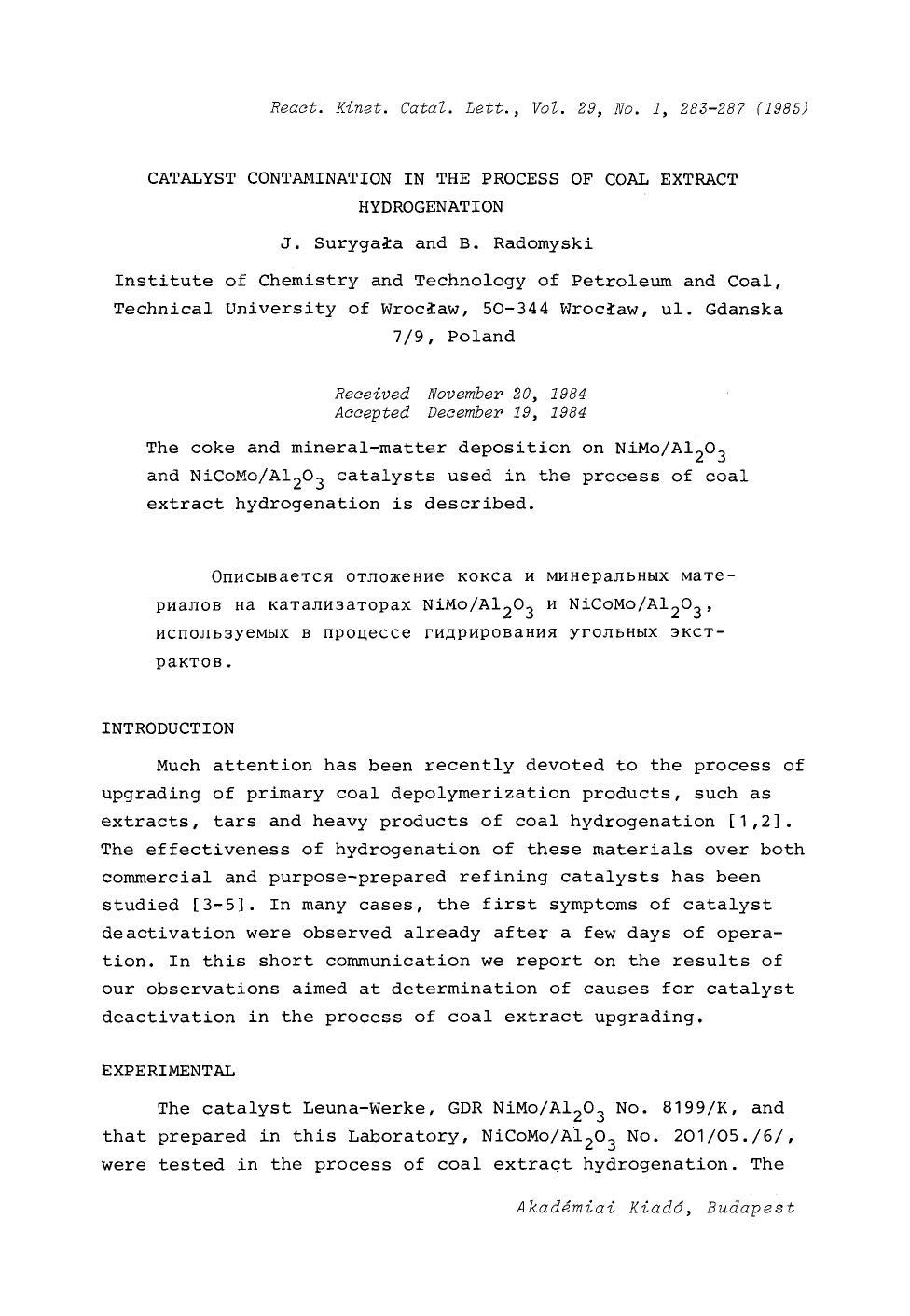 Catalyst contamination in the process of coal extract hydrogenation by Unknown