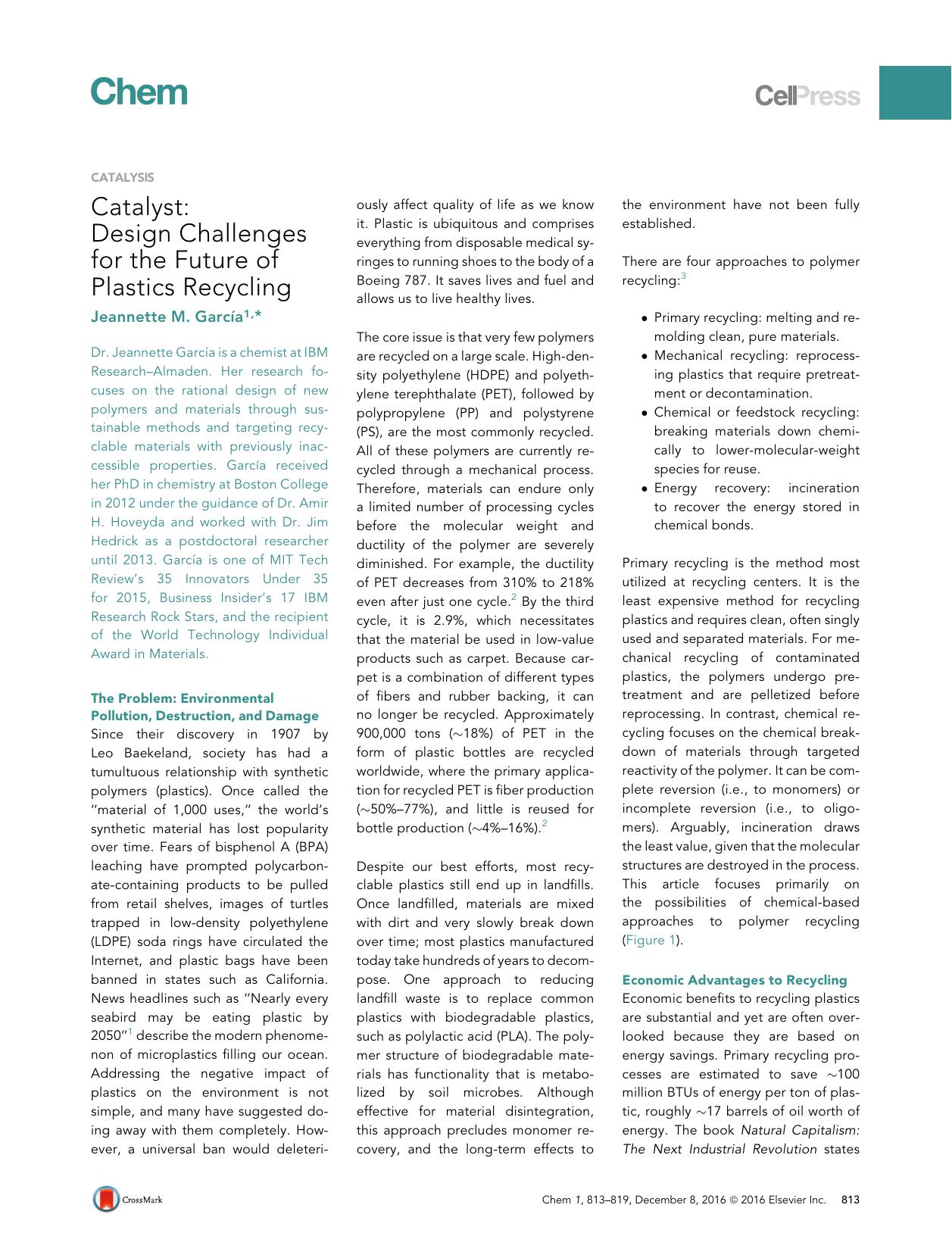 Catalyst: Design Challenges for the Future of Plastics Recycling by Jeannette M. García